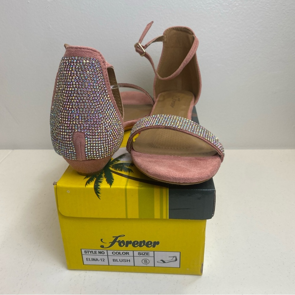New FOREVER Womens Rhinestone Ankle Strap Flats Open Toe Sandals Pink Size 8